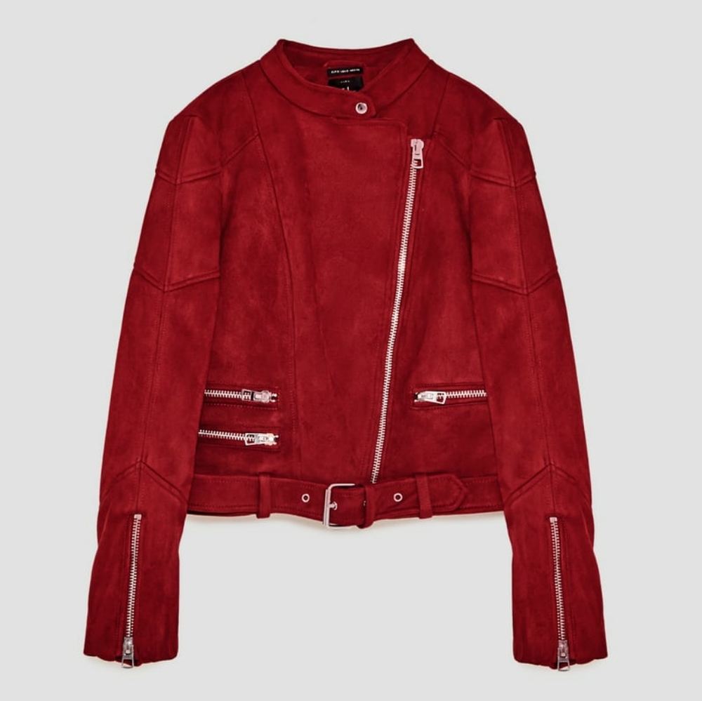 Zara Suede Leather Moto Biker Jacket w Belt